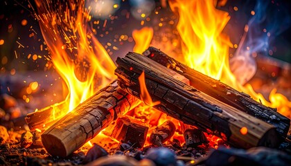 Intense fire flames consuming logs showing raw heat power and dramatic natural fire texture
