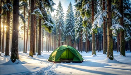 Tent nestled among snowy trees with sunlight rays representing serene winter camping in nature