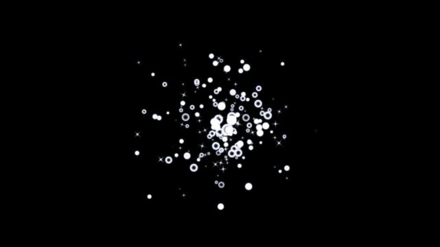 Twinkling glitter stars animation with floating bubble motion effect. flat liquid bubble overlay, white cartoon blinking stars, fast line glitter motion, glowing light trails on black screen 4K