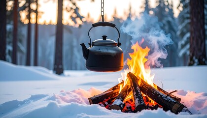 Campfire with hanging kettle in snowy forest representing winter outdoor cooking and survival camping lifestyle
