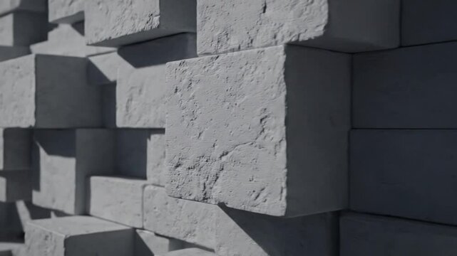 Abstract background of geometric concrete blocks forming a textured grey pattern, minimalist architecture
