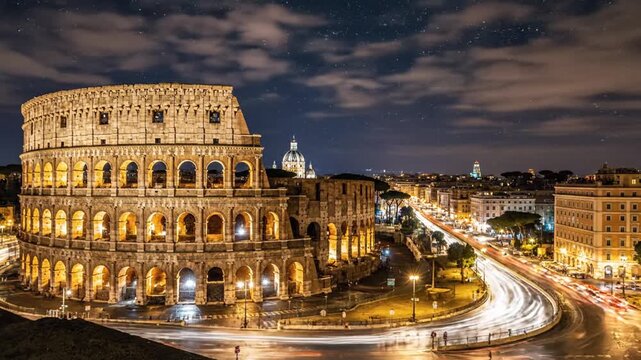 Ancient Roman Colosseum at Night with Traffic Lights and Cityscape in Background, Tourism Landmark