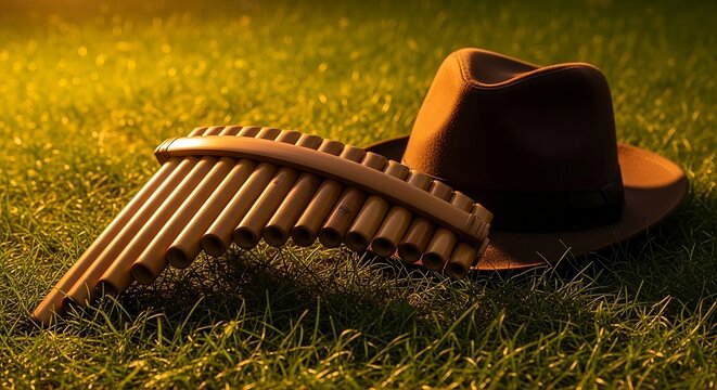 Traditional Pan Flute Bamboo Instrument with Brown Fedora Hat on Green Grass at Golden Sunset
