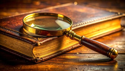Magnifying glass on old book symbolizing research investigation knowledge and analytical thinking