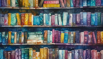 Colorful watercolor illustration of a bookshelf filled with various books and captivating titles in vibrant hues