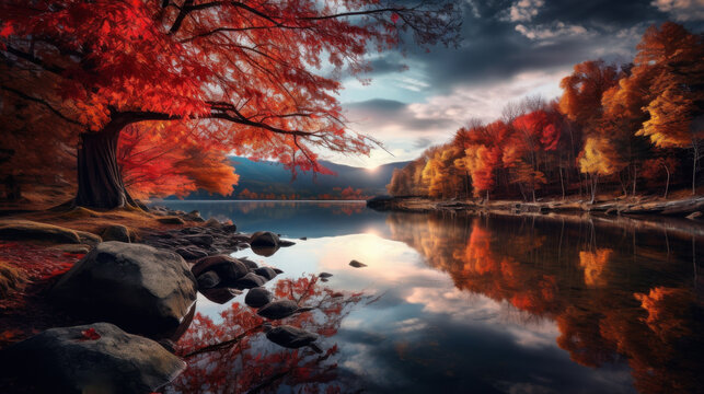 A peaceful autumn scene featuring a calm lake reflecting colorful trees and clouds in the sky, with gentle hills in the background.