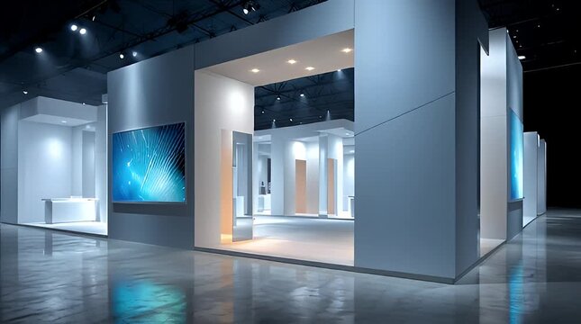 Modern Trade Show Booths in Empty Hall.