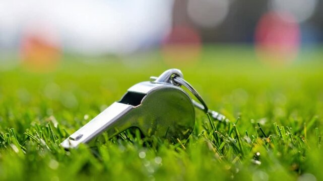 Shiny metal whistle resting on vibrant green grass of a sports field