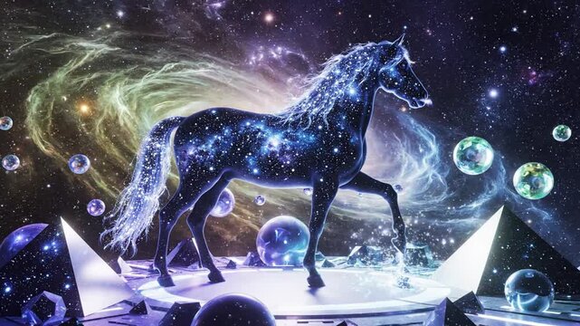 Cosmic horse stands on a glowing crystal amidst swirling galaxy background with floating orbs