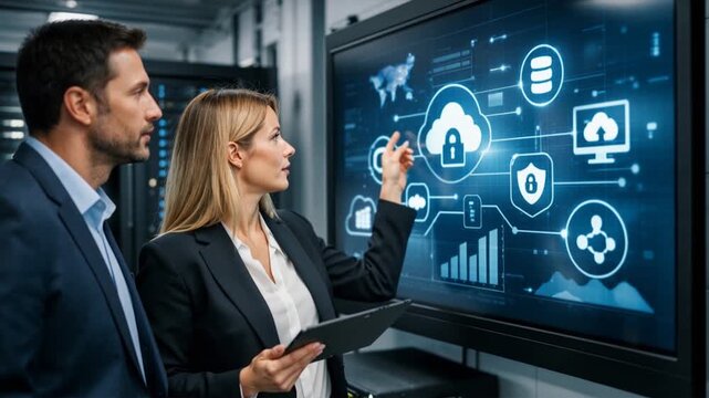 IT professionals reviewing cloud security dashboard in a data center