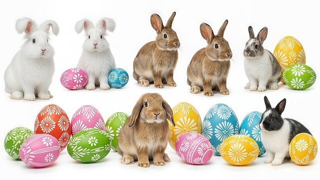 Group of adorable rabbits with colorful easter eggs isolated on white background
