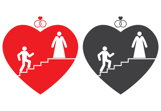 man climp stairs up to woman for marriage in heart shape icon