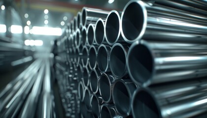 Shiny metal pipes stacked neatly in a warehouse showcasing industrial storage and manufacturing processes