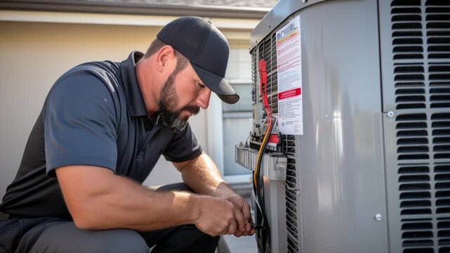 Service engineer examines an air conditioning unit located next to a house