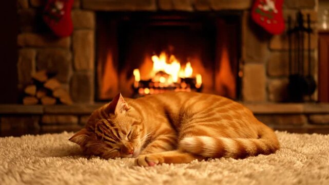 Ginger cat sleeping comfortably by cozy fireplace at christmas.
