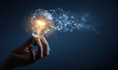 hand holding a light bulb with glowing digital connections on a dark blue background, symbolizing innovation and technology in a business concept design Generative AI © SKIMP Art