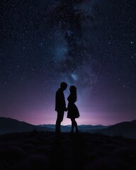 Obraz premium Evening Star Background With Couple Silhouette in Romantic Cosmic Light