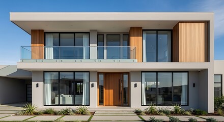 Modern house with wood accents and large windows on two levels with balcony