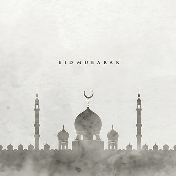 Minimalist grayscale silhouette design featuring an ornate mosque skyline celebrating the sacred occasion of Eid Mubarak greetings.