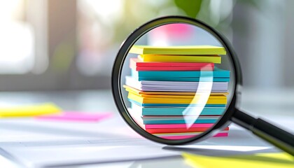 Close view of magnifying glass over colorful notes symbolizing examination focus and analytical project management