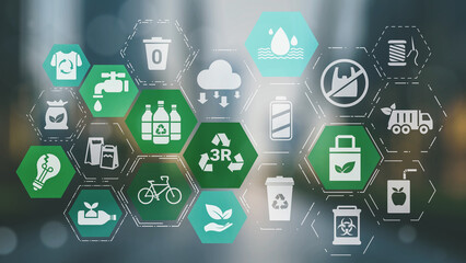 Naklejka premium Reuse, reduce, and recycle form the 3R concept that supports sustainability. The 3R principle, especially reuse and recycle, helps reduce waste effectively. Spire