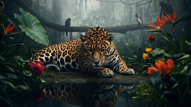 A majestic jaguar lies gracefully by a reflective jungle pool surrounded by vibrant bird of paradise flowers and lush tropical foliage.