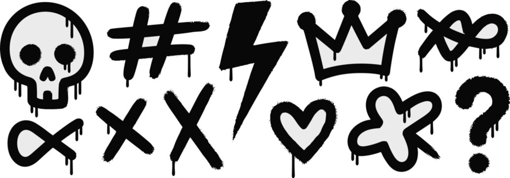 Graffiti Style Icons Including Skull, Hashtag, Lightning Bolt, Crown, Heart, and Question Mark