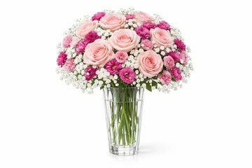 Obraz premium Elegant bouquet with pink roses, magenta mums, and white baby's breath in a clear glass vase on white background.
