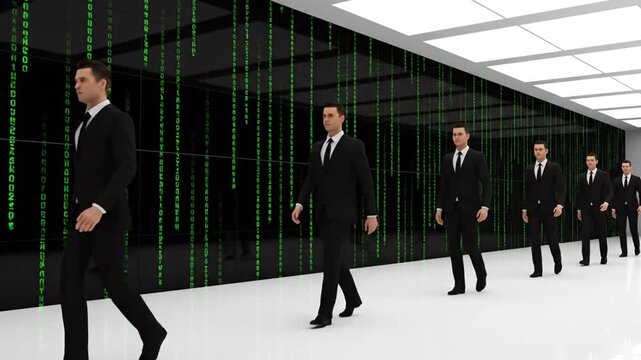 Line of businessmen in black suits walking through a modern corridor with green digital matrix code on the wall
