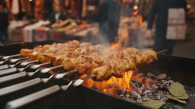 Grilled chicken skewers cooking over open flame at street food market, creating a delicious barbecue and traditional street cuisine food concept.