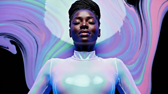 A person with dark skin and short hair wearing a full-body, skin-tight,  iridescent suit stands with arms outstretched against a swirling background  of pink, purple, and blue hues on a black backdrop