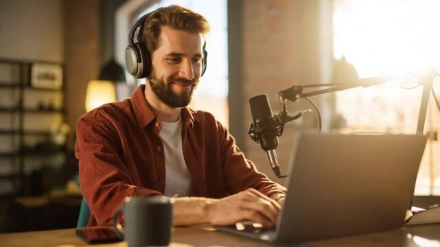 Smiling Man Podcasting at Home Studio with Laptop and Microphone