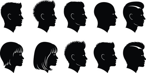 Set of male and female head silhouettes with different hairstyles, barber shop hair cut icons, salon profile portraits, grooming fashion vectors. © Ziarul