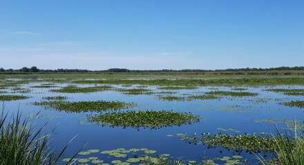 Tranquil wetlands scene with lily pads and aquatic plants reflecting a bright blue sky