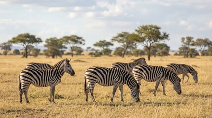 Obraz premium A group of zebras grazing in a savannah with trees in the background under a cloudy sky