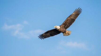 Fototapeta premium A majestic bald eagle soaring through a clear blue sky with outstretched wings