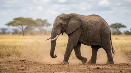 Fototapeta premium A large elephant walks through a savannah kicking up dust with its tusks visible.