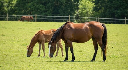 Two brown horses graze in a sunny green field, another horse in the background