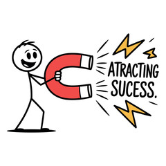 Fototapeta premium A cartoon man holding a magnet attracting success