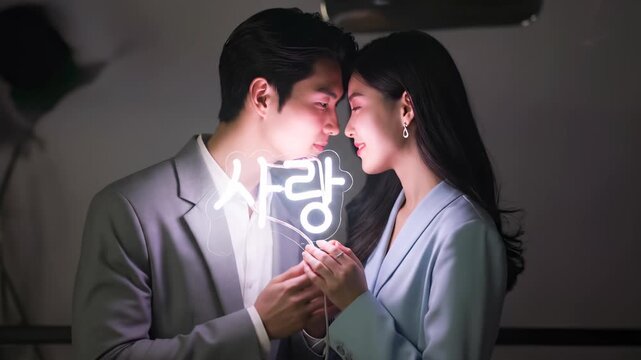 Romantic Asian couple holding a glowing neon sign with the Korean word for Love in a dark setting