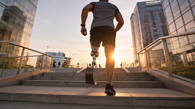 Athlete with prosthetic leg running up city stairs at sunrise, showing determination, rehabilitation, and adaptive sports motivation in an urban fitness concept.