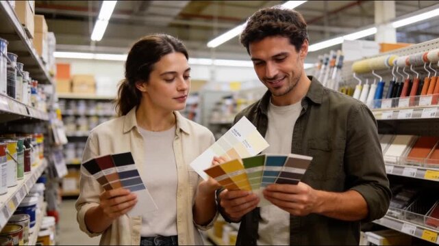 A couple choosing paint color samples in a hardware store, planning home renovation together, comparing options and enjoying a practical, collaborative lifestyle moment.