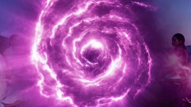 A group of six people sitting in a line on grass with vibrant purple lightning-like energy forming a swirling pattern between them