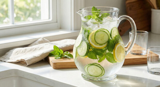 Jarra de vidrio con agua fresca desintoxicante con pepino, lim&oacute;n y menta en una cocina luminosa.