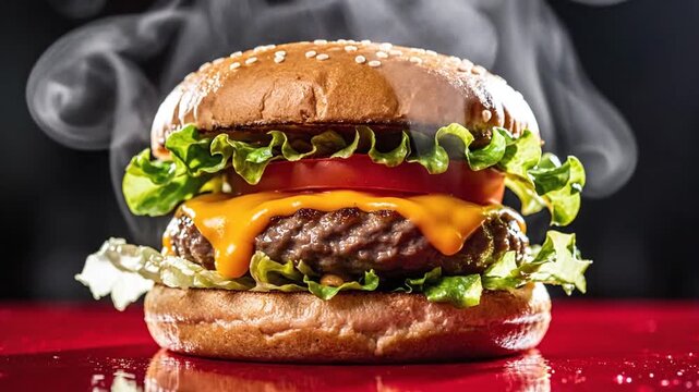 Delicious gourmet cheeseburger with melting cheese, fresh lettuce, and tomato, steaming with smoke on a vibrant red reflective surface.