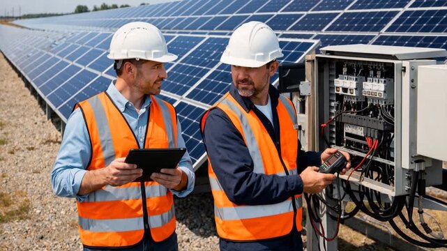Engineers service equipment at a solar power plant
