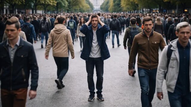 Stress and panic concept: man clutching his head in a busy street