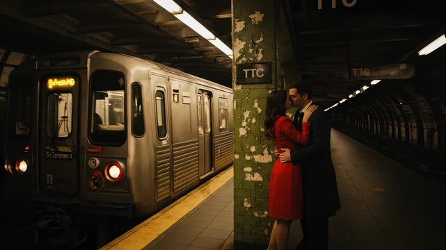 Romantic couple in elegant attire embracing and kissing on a subway platform as a train arrives in a vintage cinematic style.