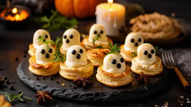 Spooky Halloween themed desserts decorated as cute ghosts, creating a festive autumn atmosphere with candles, pumpkins, and seasonal treats on a dark rustic table.