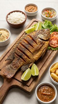 Whole fried Brazilian fish served on a rustic wooden board with rice, farofa, vinaigrette, cassava, sauce and lime wedges. Traditional homemade meal, rich texture and authentic flavor.